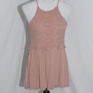 Doe & Rae Womens Small Dark Cream Tunic Dress Crochet Peekaboo Floral Shirt EUC